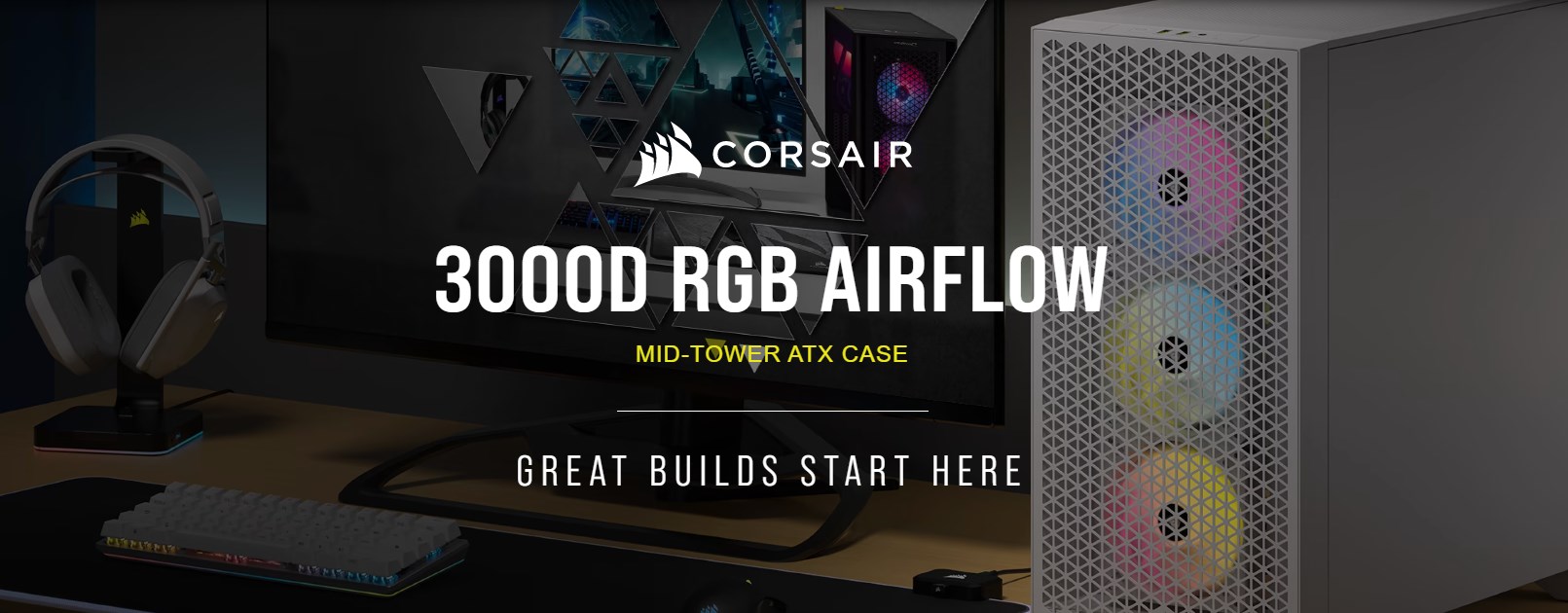 Corsair 3000D RGB Airflow Mid-Tower PC Case – 3X AR120 RGB Fans –  Three-Slot GPU Support – Fits up to 8X 120mm Fans – High-Airflow Design –  White
