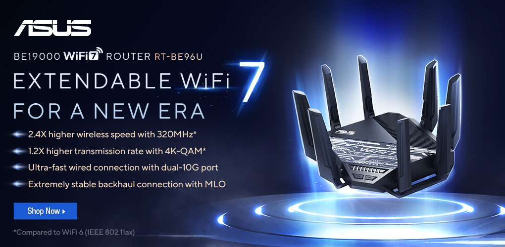 ASUS BE19000 WiFi 7 Router RT-BE96U.  Extendable WiFi 7 for a new era.
