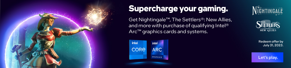 Supercharge your gaming.  Get Nightingale, The Settlers: New Allies, and more with the purchase of Intel Arc Graphics Cards